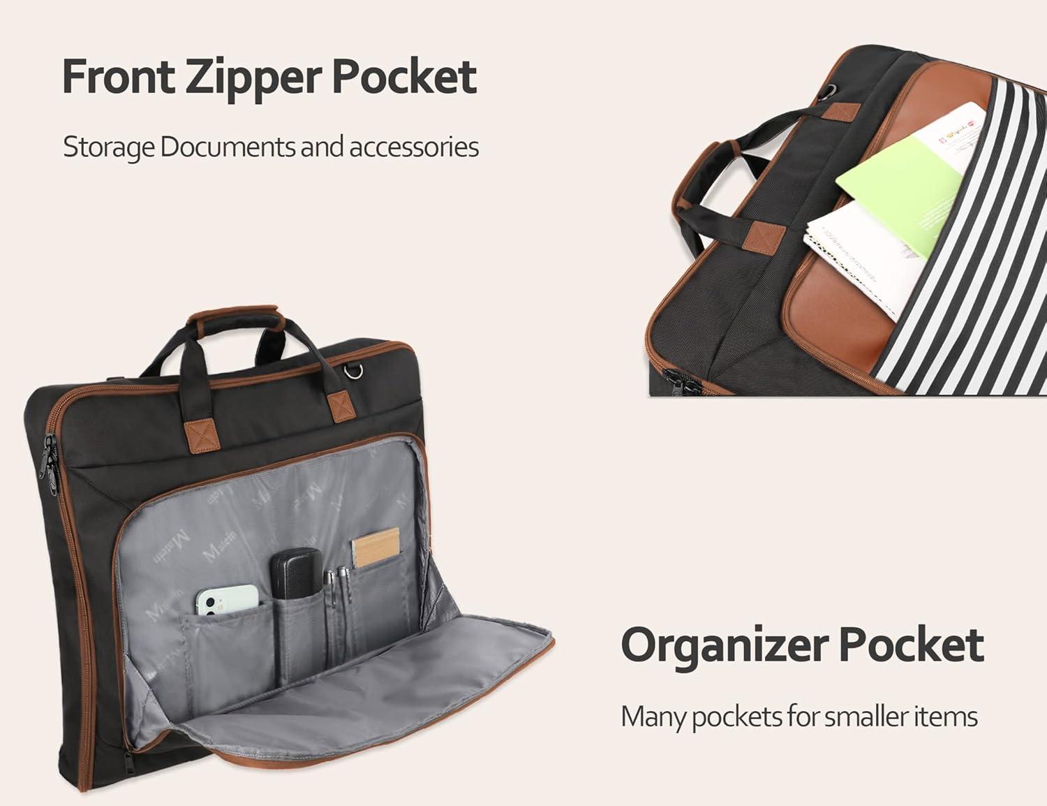 imageMATEIN Travel Garment Bag for Hanging Clothes Large Suit Travel Bag with Pockets ampamp Shoulder Strap for Business Trip Professional Wrinkle Resistant Foldable Suit Storage Carrier Luggage KhakiBlack Stripe