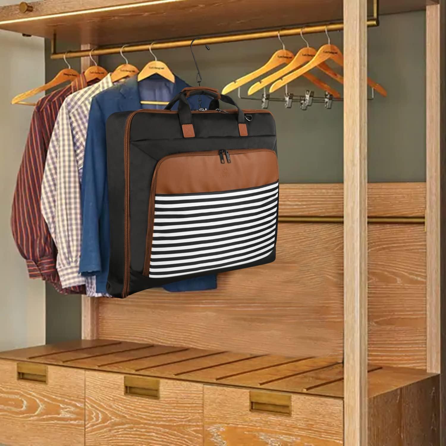 imageMATEIN Travel Garment Bag for Hanging Clothes Large Suit Travel Bag with Pockets ampamp Shoulder Strap for Business Trip Professional Wrinkle Resistant Foldable Suit Storage Carrier Luggage KhakiBlack Stripe