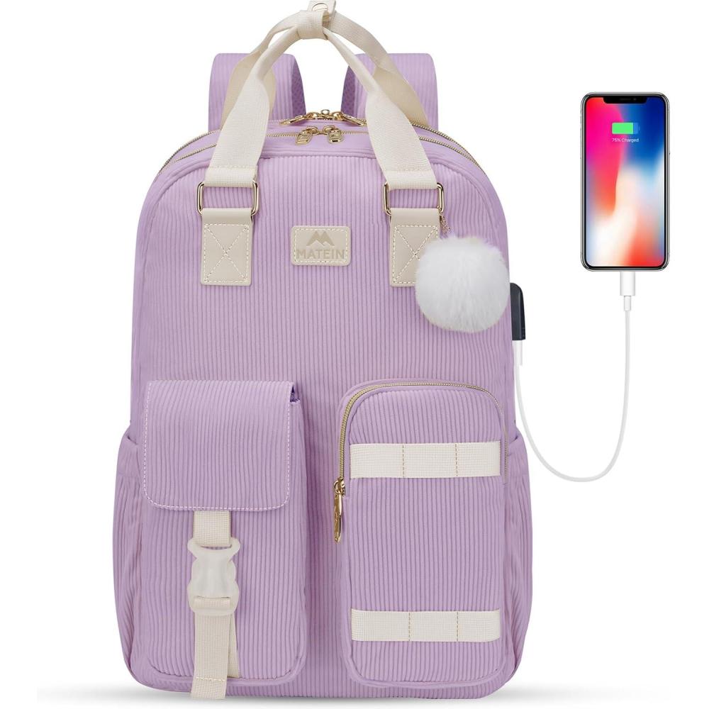 imageMATEIN 156 Laptop Backpack for Women Cute Corduroy Computer College Backpack with USB Charging Port TSA Lightweight Aesthetic Back Pack Travel Laptop Daypack for Work Nurse Teacher Gift BluePurple