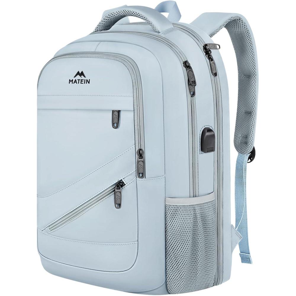 imageMATEIN College Laptop Backpack for Women Stylish 17 Inch Lightweight Outdoor Bag with USB Charging Port ampamp Luggage Strap Water Resistant Large Travel Computer Backpack Blue GreenBlue