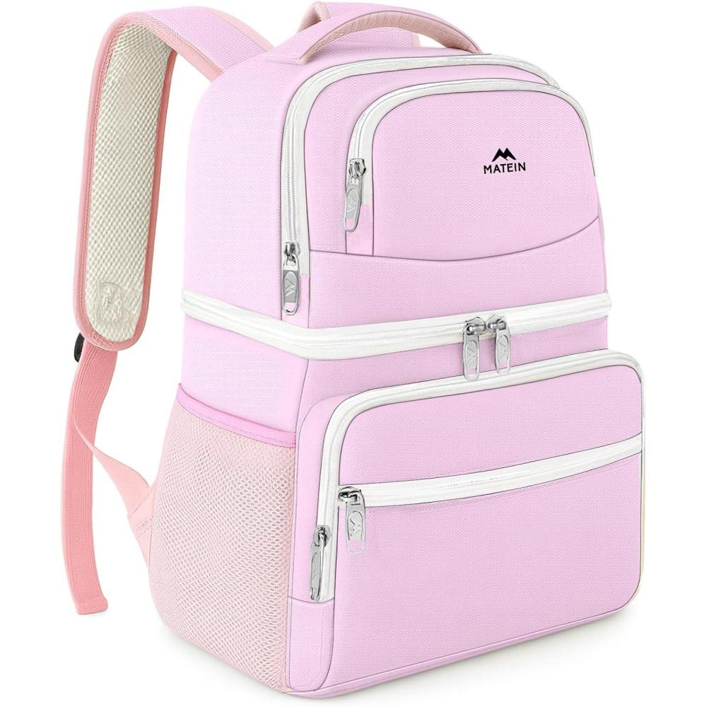 imageMATEIN Cooler Backpack 26 Cans Insulated Lunch Backpack for Men Women Leakproof Double Layer Lunch Cooler Bag Lightweight Soft Lunch Backpack with Cooler Compartment Beach Camping Hiking Beer GiftsPink