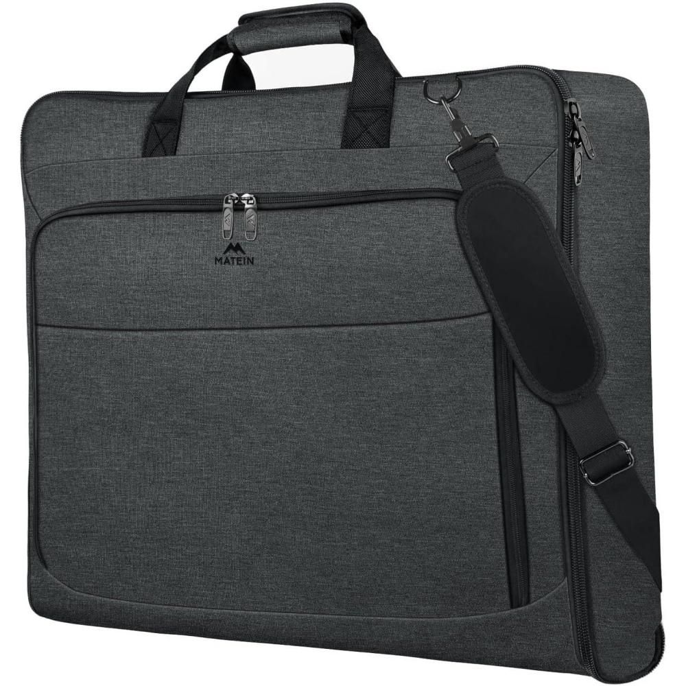 imageMATEIN Travel Garment Bag for Hanging Clothes Large Suit Travel Bag with Pockets ampamp Shoulder Strap for Business Trip Professional Wrinkle Resistant Foldable Suit Storage Carrier Luggage KhakiDark Grey