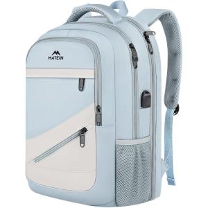 imageMATEIN College Laptop Backpack for Women Stylish 17 Inch Lightweight Outdoor Bag with USB Charging Port ampamp Luggage Strap Water Resistant Large Travel Computer Backpack Blue GreenBlue Beige