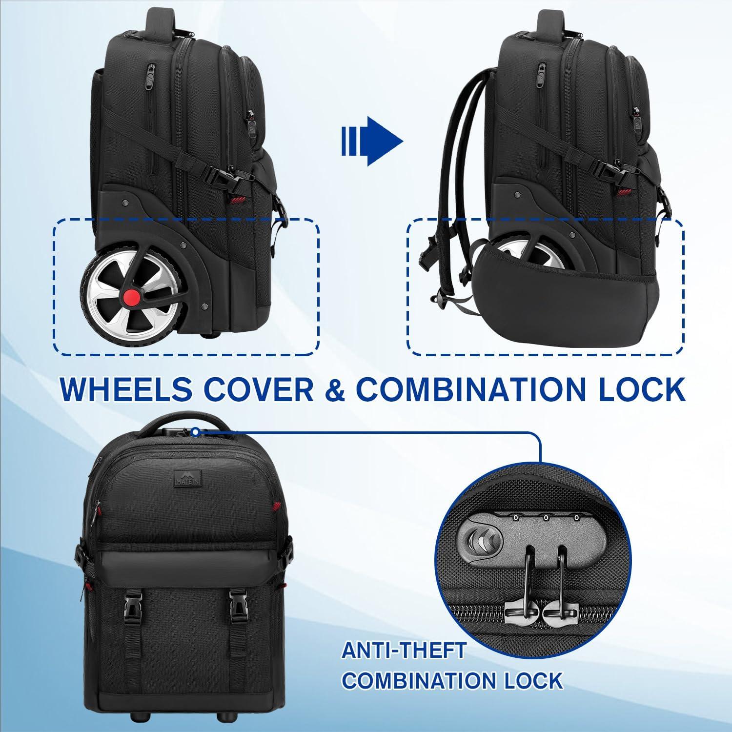 imageMATEIN Rolling Backpack with Wheels 17 Inch Large Roller Backpack with Combination Lock Water Resistant Anti Theft Travel Wheeled Backpacks Laptop Back Pack for Men Women Work Business Commute BlueBlack