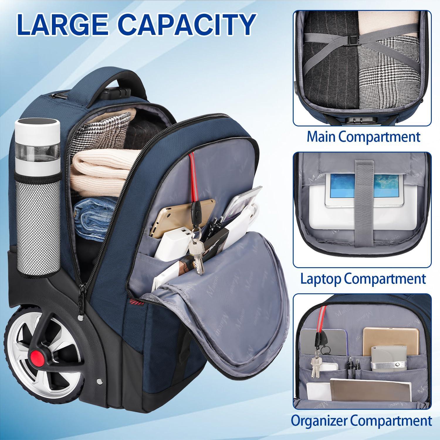 imageMATEIN Rolling Backpack with Wheels 17 Inch Large Roller Backpack with Combination Lock Water Resistant Anti Theft Travel Wheeled Backpacks Laptop Back Pack for Men Women Work Business Commute BlueBlue