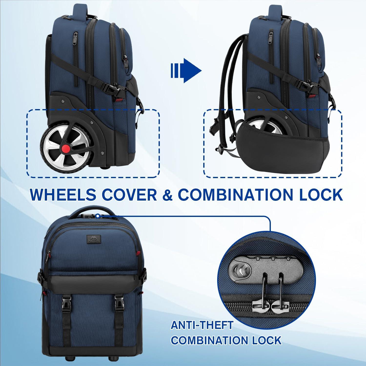 imageMATEIN Rolling Backpack with Wheels 17 Inch Large Roller Backpack with Combination Lock Water Resistant Anti Theft Travel Wheeled Backpacks Laptop Back Pack for Men Women Work Business Commute BlueBlue