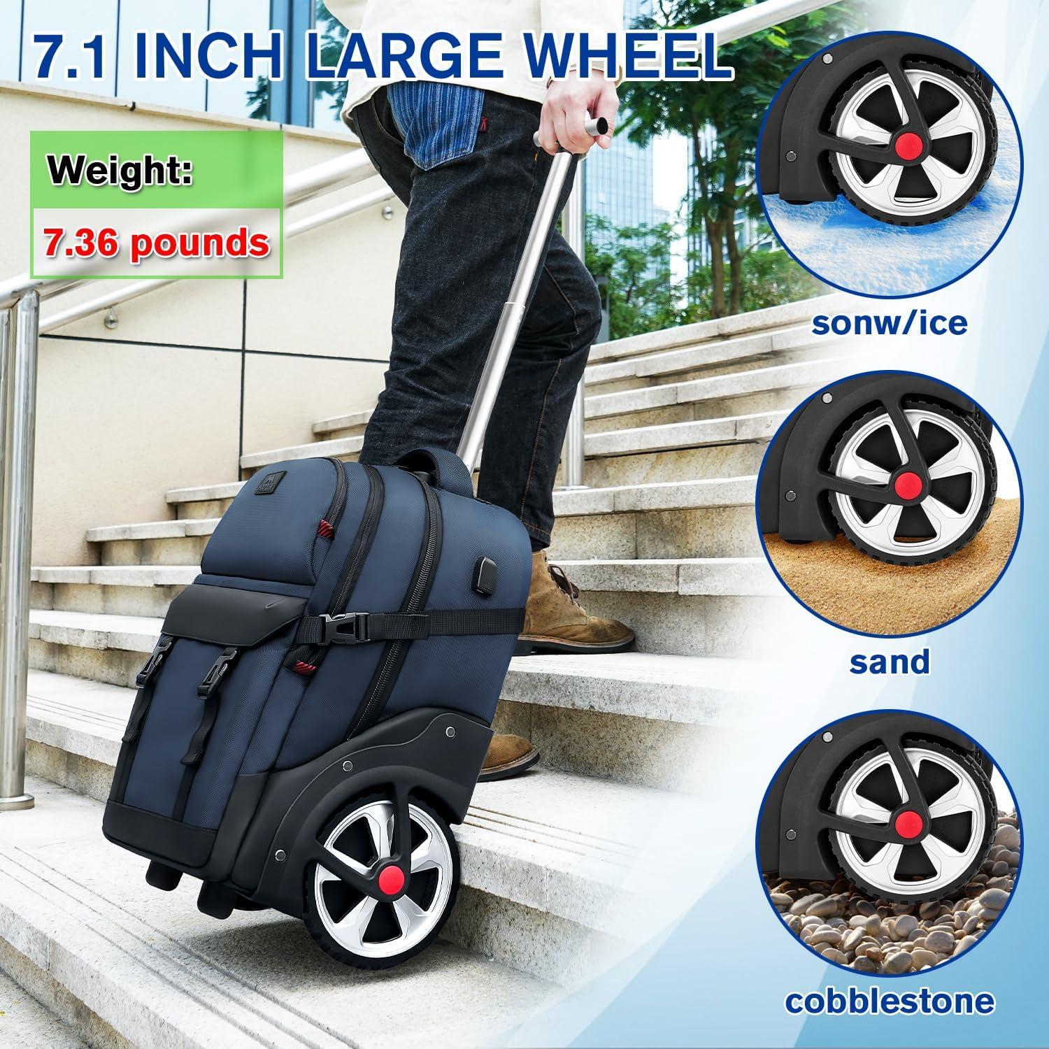 imageMATEIN Rolling Backpack with Wheels 17 Inch Large Roller Backpack with Combination Lock Water Resistant Anti Theft Travel Wheeled Backpacks Laptop Back Pack for Men Women Work Business Commute BlueBlue