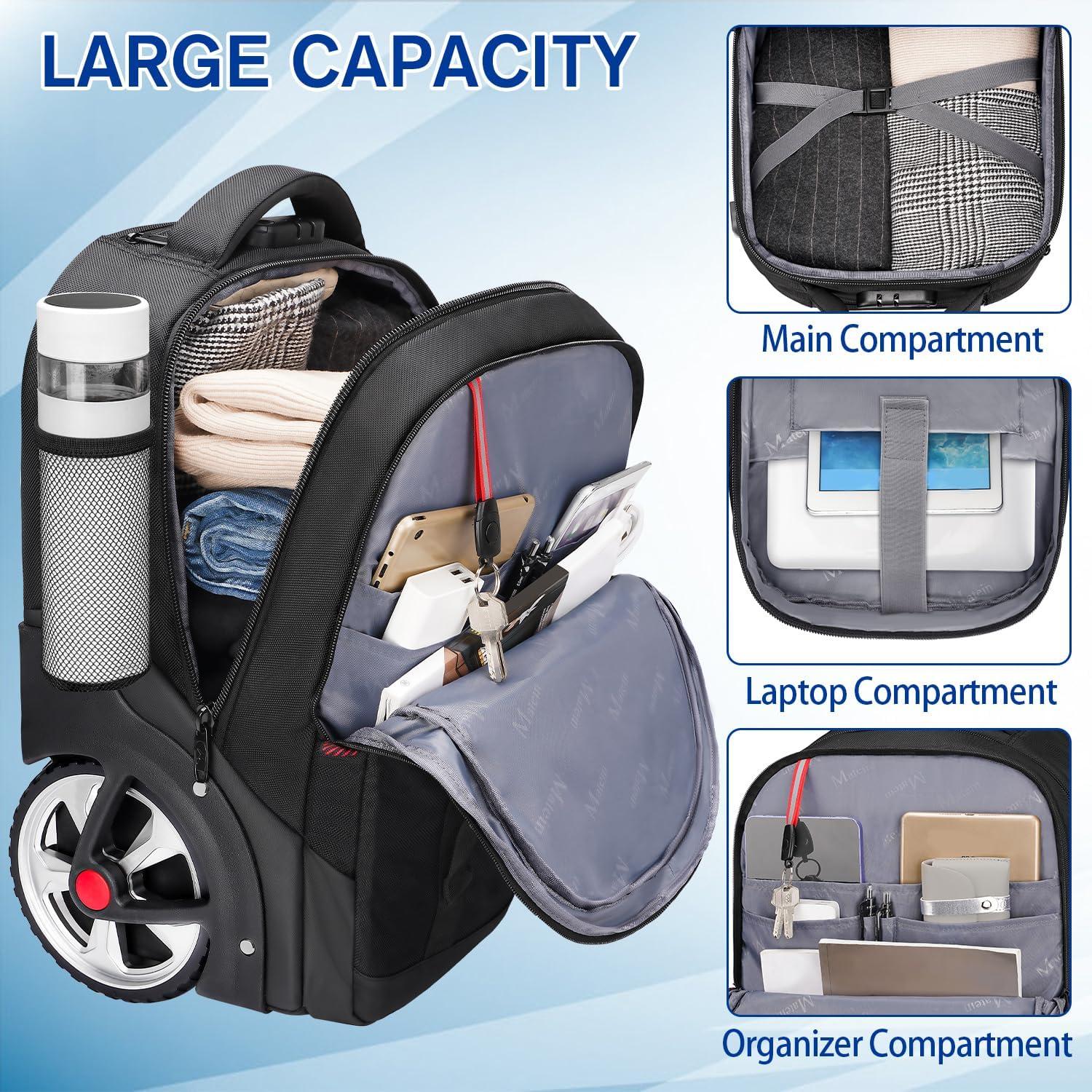 imageMATEIN Rolling Backpack with Wheels 17 Inch Large Roller Backpack with Combination Lock Water Resistant Anti Theft Travel Wheeled Backpacks Laptop Back Pack for Men Women Work Business Commute BlueBlack