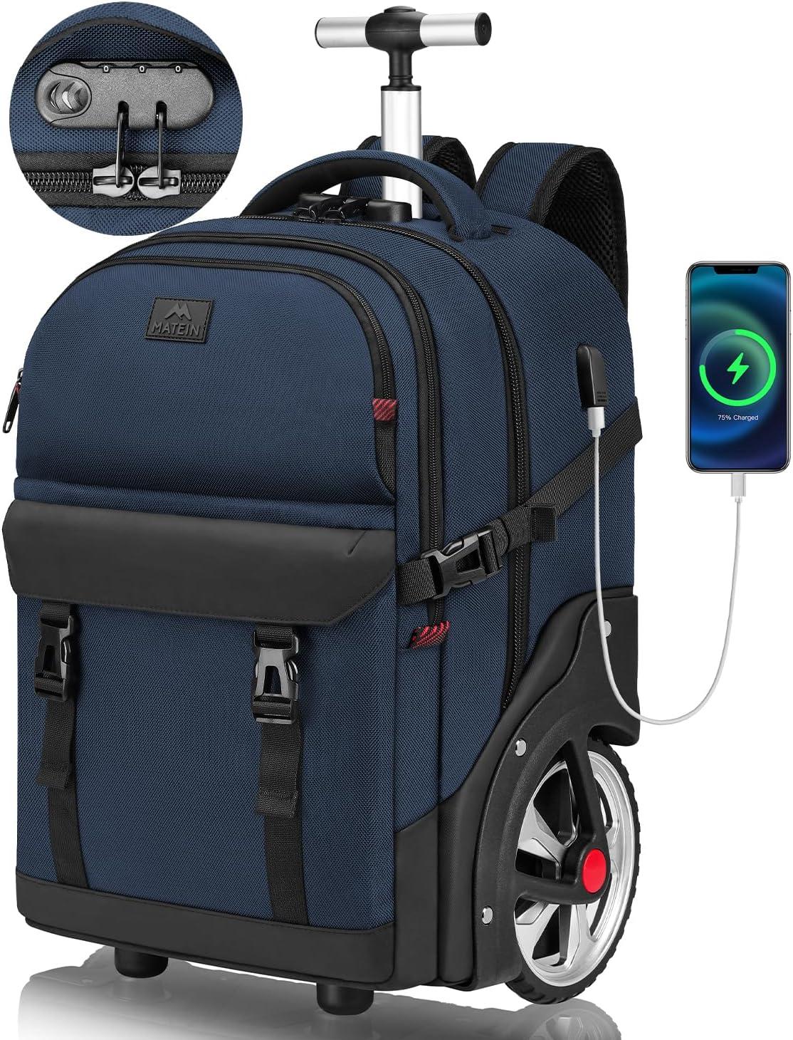 imageMATEIN Rolling Backpack with Wheels 17 Inch Large Roller Backpack with Combination Lock Water Resistant Anti Theft Travel Wheeled Backpacks Laptop Back Pack for Men Women Work Business Commute BlueBlue