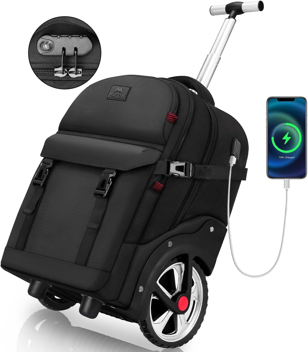 imageMATEIN Rolling Backpack with Wheels 17 Inch Large Roller Backpack with Combination Lock Water Resistant Anti Theft Travel Wheeled Backpacks Laptop Back Pack for Men Women Work Business Commute BlueBlack