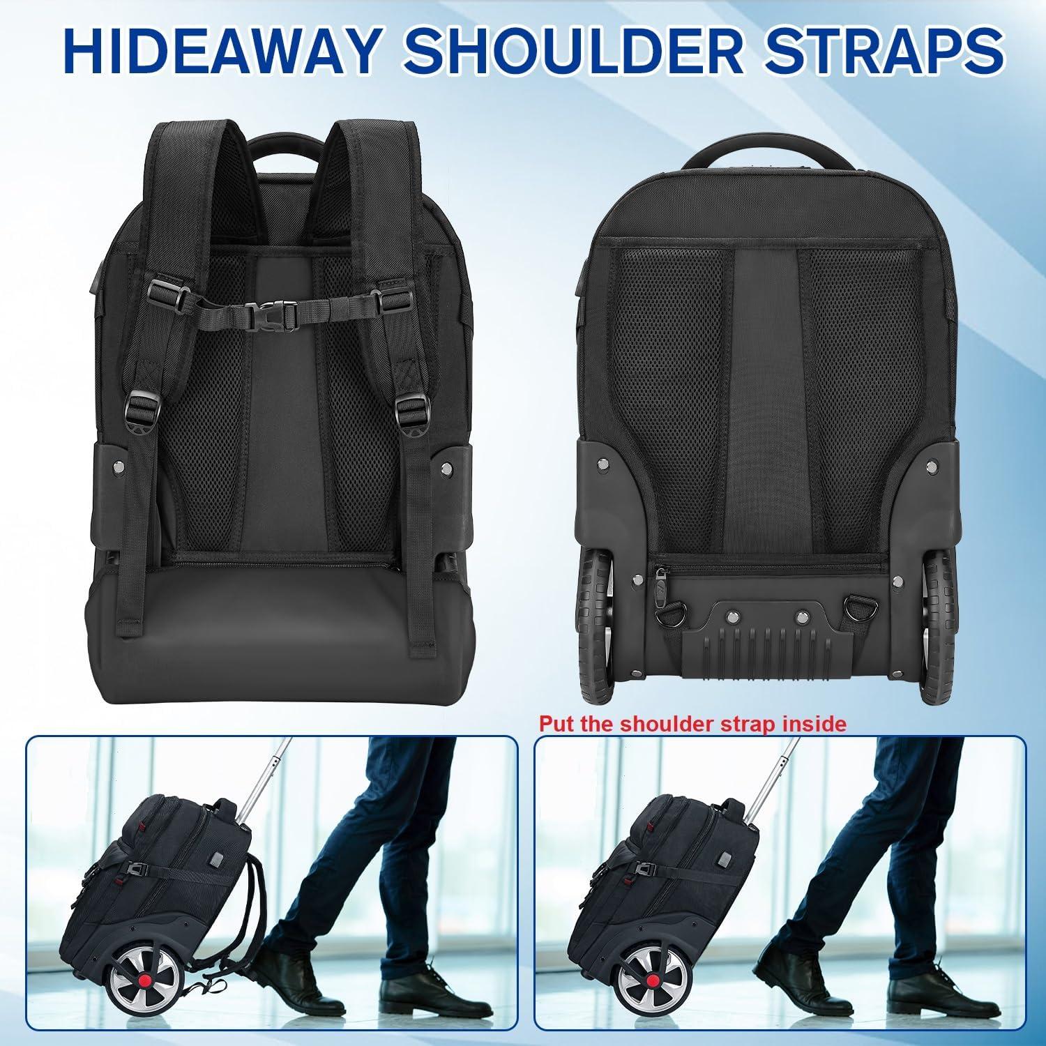 imageMATEIN Rolling Backpack with Wheels 17 Inch Large Roller Backpack with Combination Lock Water Resistant Anti Theft Travel Wheeled Backpacks Laptop Back Pack for Men Women Work Business Commute BlueBlack