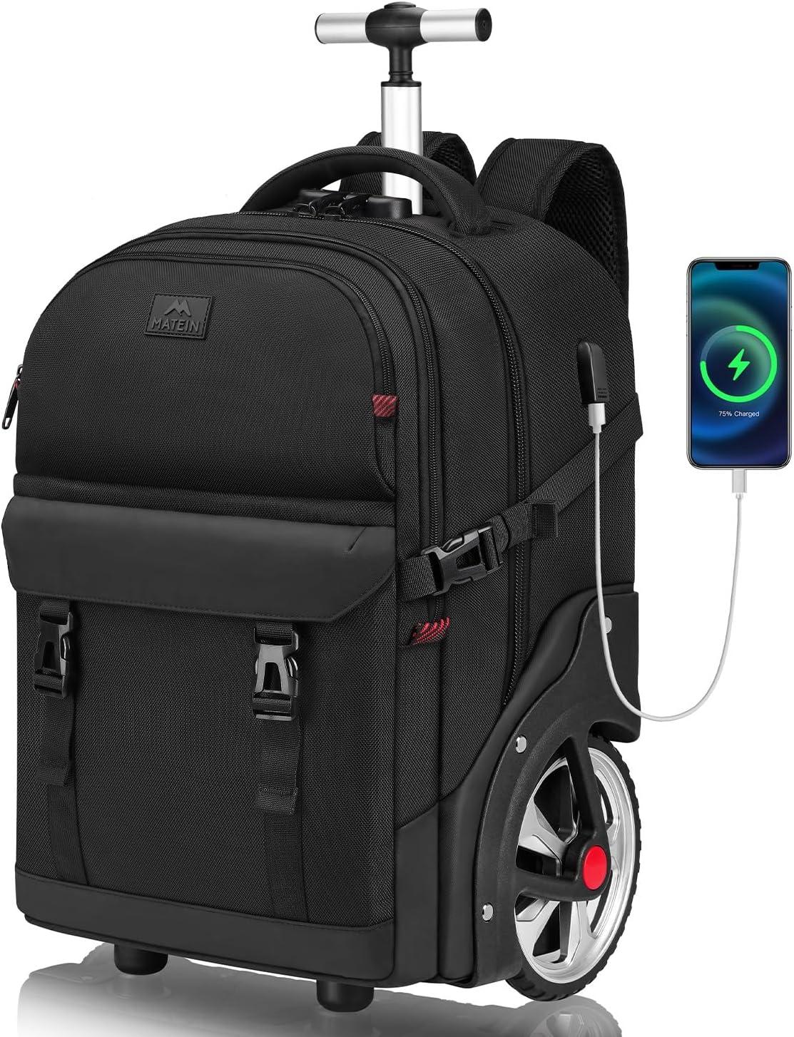 imageMATEIN Rolling Backpack with Wheels 17 Inch Large Roller Backpack with Combination Lock Water Resistant Anti Theft Travel Wheeled Backpacks Laptop Back Pack for Men Women Work Business Commute BlueBlack