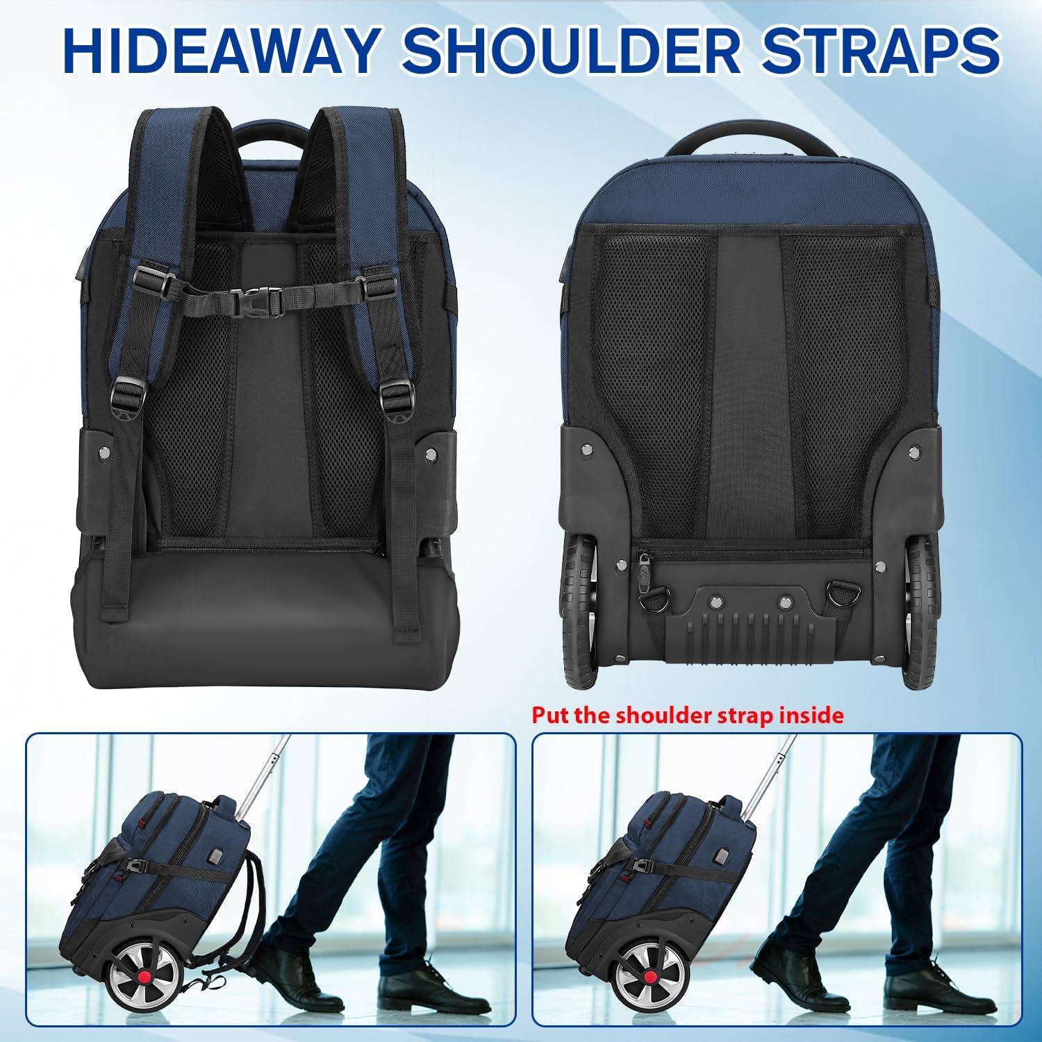 imageMATEIN Rolling Backpack with Wheels 17 Inch Large Roller Backpack with Combination Lock Water Resistant Anti Theft Travel Wheeled Backpacks Laptop Back Pack for Men Women Work Business Commute BlueBlue