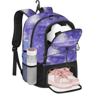 imageMATEIN Girls Soccer Bag Water Resistant Youth Soccer Bag with Fence Hook Lightweight Girls Basketball Ball Backpack with Ball ampamp Shoes Compartment 156 Inch Sports Equipment Laptop Backpack BlackGalaxy Purple
