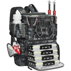 imageMATEIN Fishing Backpack with 4 Tackle Boxes Fishing Bag with Rod Holder ampamp Safety Compass ampamp Cooler Gifts for FishermenCamouflage