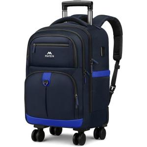 imageMATEIN Rolling Backpack 4 Wheels 17 Inch Lightweight Rolling Backpack with USB Charging Port Water Resistant Roller Laptop Bag Carryon Luggage Wheeled Travel Daypack for Business Men Dark BlueDark Blue