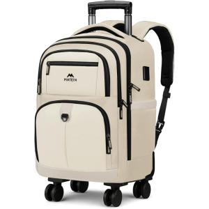 imageMATEIN Rolling Backpack 4 Wheels 17 Inch Lightweight Rolling Backpack with USB Charging Port Water Resistant Roller Laptop Bag Carryon Luggage Wheeled Travel Daypack for Business Men Dark BlueKhaki