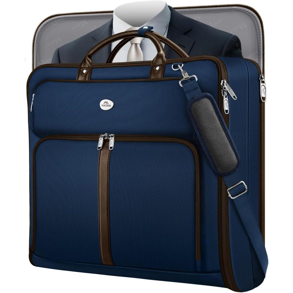 imageMATEIN Suit Bag Travel Large Travel Garment Bag Up to 7 Suits with Strap Business Foldable Garment Carrier Fit 173 inch laptop 2 in 1 Carry On Hanging Luggage Suitcase with Shoe Compartment BlueDark Blue