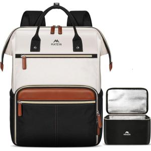 imageMATEIN Insulated Lunch Backpack 173 Inch Laptop Backpack with Lunch Compartment Teacher Work Bag with Lunchbox Meal Prep Bag Nurse Backpacks Gifts for Men Women Office College Commute 2pcs SetBlack White Brown