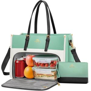 image:imageMATEIN Work Tote Bag with Lunch Compartment Water Resistant 156 inch Laptop Handbag with Clutch Purse Large Women Shoulder Bag with Lunch Box for Business Office Daily Use 2 Sets BlackGreen