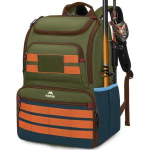 image:imageMATEIN Fishing Backpack Tackle Box Water Resistant Tackle Backpack with Cooler amp Rod Holders Fishing Gifts for MenGreen  Orange  Blue