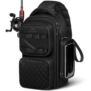 image:imageMATEIN Fishing Sling Bag with Lure Rod Holder amp Phone Pouch Waterproof 3600 Tackle box Backpack with Removable Bait BinderBlack