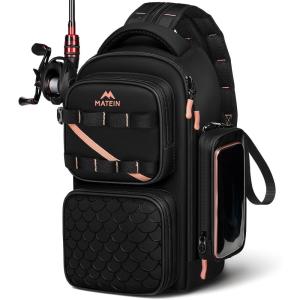 image:imageMATEIN Fishing Sling Bag with Lure Rod Holder amp Phone Pouch Waterproof 3600 Tackle box Backpack with Removable Bait BinderBlackpink