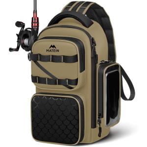 image:imageMATEIN Fishing Sling Bag with Lure Rod Holder amp Phone Pouch Waterproof 3600 Tackle box Backpack with Removable Bait BinderKhaki  Black