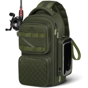 image:imageMATEIN Fishing Sling Bag with Lure Rod Holder amp Phone Pouch Waterproof 3600 Tackle box Backpack with Removable Bait BinderOlive Green