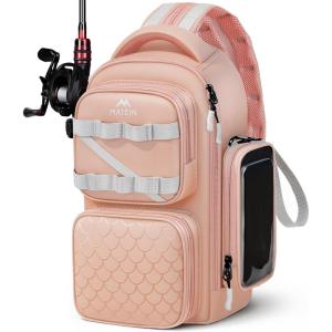 image:imageMATEIN Fishing Sling Bag with Lure Rod Holder amp Phone Pouch Waterproof 3600 Tackle box Backpack with Removable Bait BinderPink