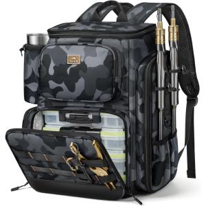 image:imageMATEIN Pro Fishing Backpack with 4 Tackle Boxes amp Rod Holders Water Resistant Tackle Backpack 3600 with Knife and Gripper Side Storage amp Cooler Compartment Fishing Gifts for Men CamoBlack Camouflage