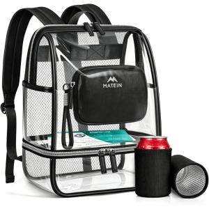 image:imageMATEIN CLASSIC TPU Clear Backpack Stadium Approved DualLayer Clear Stadium Bag 12612 with RFID Wristlet Pouch Thick Transparent Backpack with Insulated Can Sleeves for Game Day Sports FestivalBlack