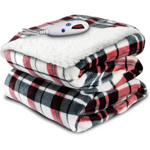 Biddeford Blankets VelourSherpa Electric Heated Throw with Digital ControllerRedCreamBlack Plaid