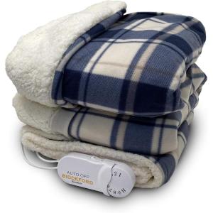 imageBIDDEFORD BLANKETS Comfort Knit Sherpa Electric Heated Blanket with Analog Controller Throw BlueWhite Plaid