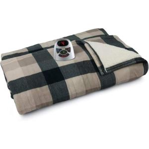 imageBIDDEFORD BLANKETS Micro Plush Sherpa Electric Heated Blanket with Digital Controller Queen BlackTaupeCream PlaidBlackTaupeCream Plaid