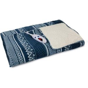 imageBIDDEFORD BLANKETS Velour Sherpa Electric Heated Blanket with Digital Controller Throw NavyWhite Fiar Isle