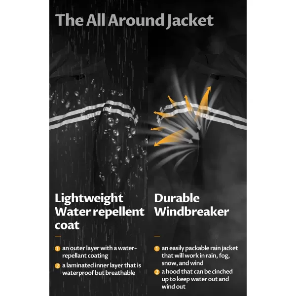 CREATMO US Mens Packable Waterproof Running Rain Coats Reflective Cycling Jacket Windbreaker With Removable HoodBlack