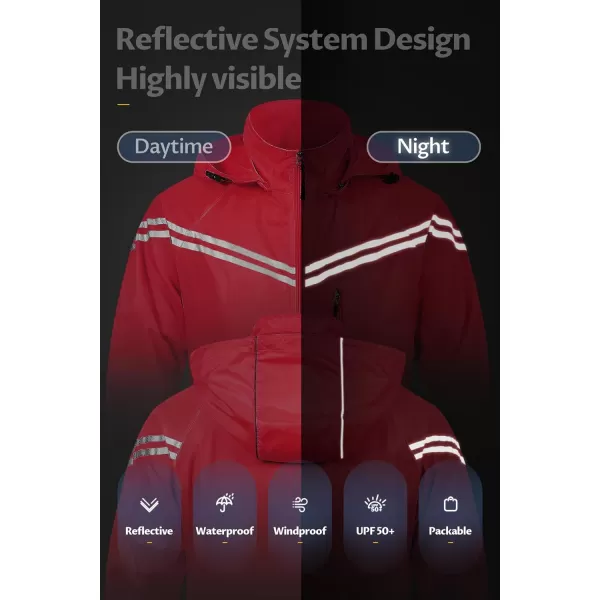 CREATMO US Mens Packable Waterproof Running Rain Coats Reflective Cycling Jacket Windbreaker With Removable HoodRed