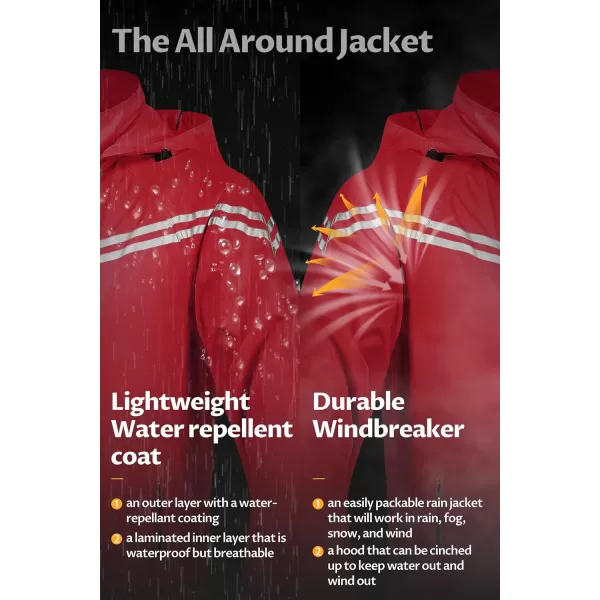 CREATMO US Mens Packable Waterproof Running Rain Coats Reflective Cycling Jacket Windbreaker With Removable HoodRed