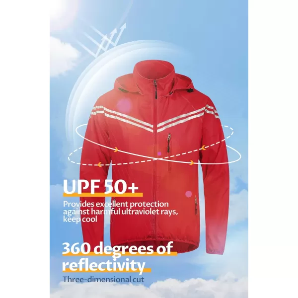 CREATMO US Mens Packable Waterproof Running Rain Coats Reflective Cycling Jacket Windbreaker With Removable HoodRed