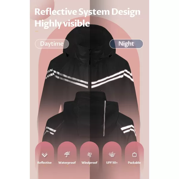 CREATMO US Womens Packable Waterproof Running Rain Coat Reflective Cycling Jacket Windbreaker With Detachable HoodBlack