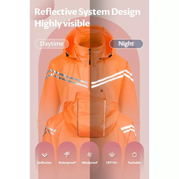 CREATMO US Womens Packable Waterproof Running Rain Coat Reflective Cycling Jacket Windbreaker With Detachable HoodOrange