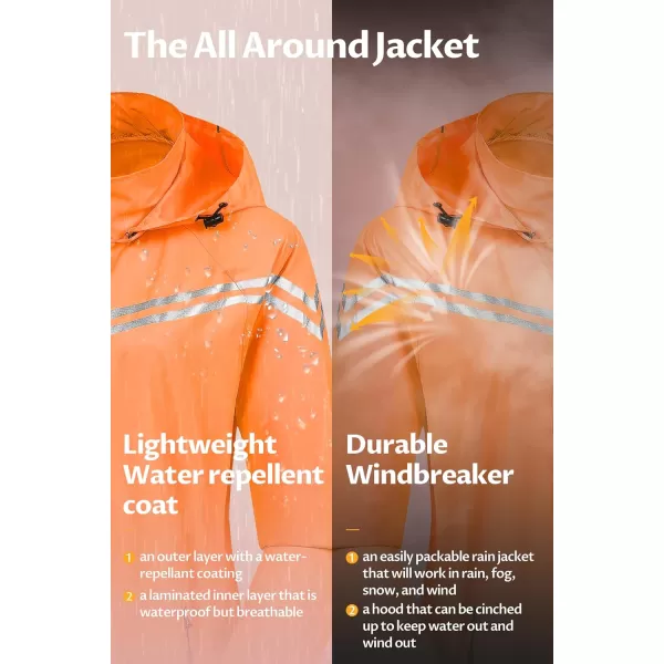 CREATMO US Womens Packable Waterproof Running Rain Coat Reflective Cycling Jacket Windbreaker With Detachable HoodOrange