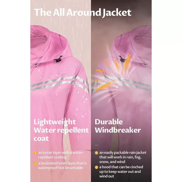 CREATMO US Womens Packable Waterproof Running Rain Coat Reflective Cycling Jacket Windbreaker With Detachable HoodPink