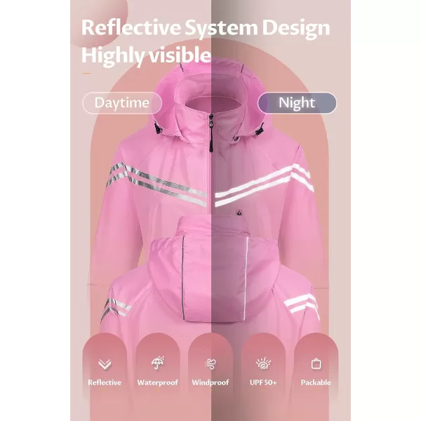 CREATMO US Womens Packable Waterproof Running Rain Coat Reflective Cycling Jacket Windbreaker With Detachable HoodPink