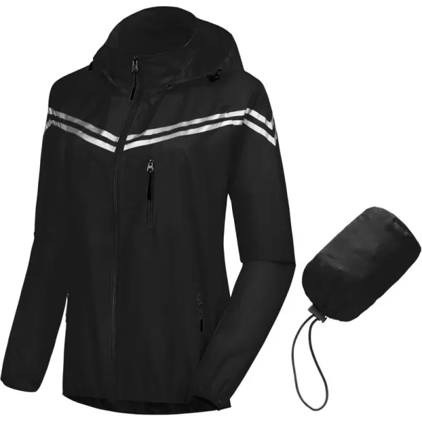 CREATMO US Womens Packable Waterproof Running Rain Coat Reflective Cycling Jacket Windbreaker With Detachable HoodBlack