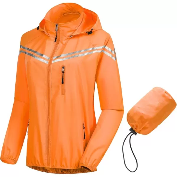 CREATMO US Womens Packable Waterproof Running Rain Coat Reflective Cycling Jacket Windbreaker With Detachable HoodOrange