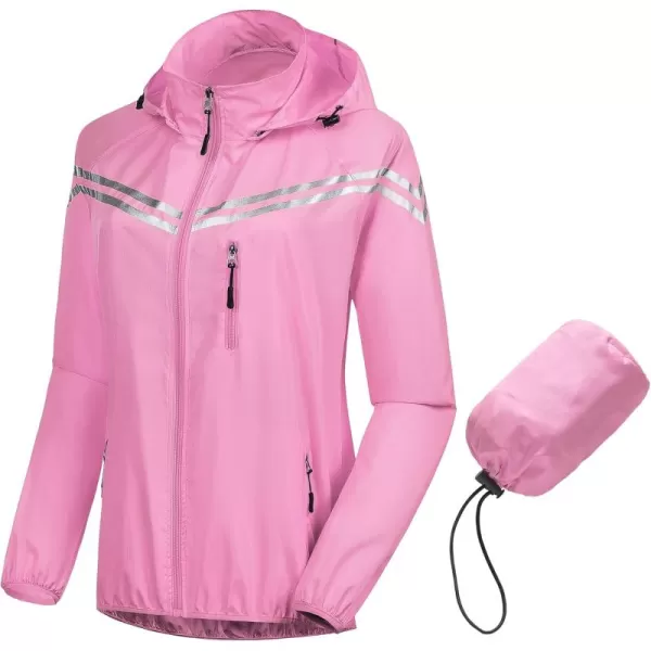 CREATMO US Womens Packable Waterproof Running Rain Coat Reflective Cycling Jacket Windbreaker With Detachable HoodPink