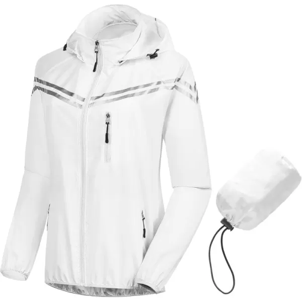 CREATMO US Womens Packable Waterproof Running Rain Coat Reflective Cycling Jacket Windbreaker With Detachable HoodWhite