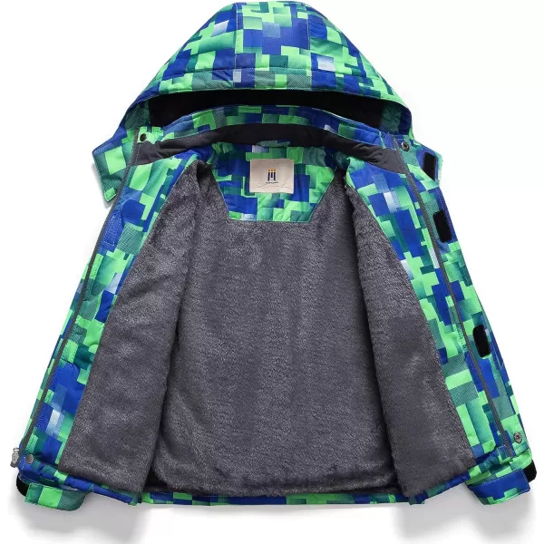 CREATMO US Boys Waterproof Ski Jacket Warm Winter Fleece Snow Coat Windproof Snowboarding Rain JacketGreen Printed